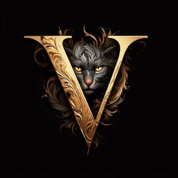 Graphic alphabet letters: Luxury golden monogram with a cat on a black background.