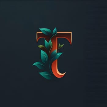 Graphic alphabet letters: Elegant letter T with green leaves, vector logo design template elements.