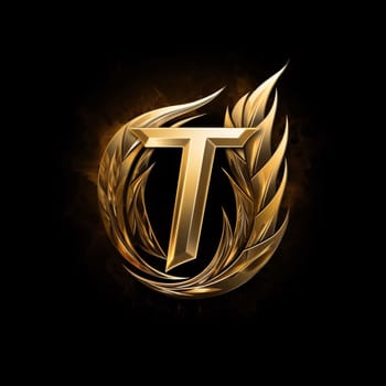 Graphic alphabet letters: Initial letter T in golden laurel wreath with smoke effect.