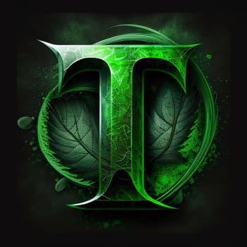 Graphic alphabet letters: Letter T with green leaves on black background. 3D illustration.