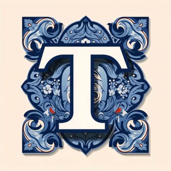 Graphic alphabet letters: Vector ornamental capital letter T in blue and white with floral ornament