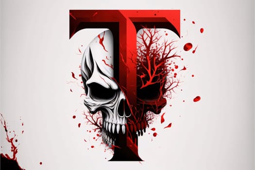 Graphic alphabet letters: Human skull with blood splat and letter T. Vector illustration.