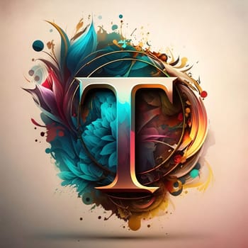 Graphic alphabet letters: Letter T with colorful floral background, 3d rendering. Computer digital drawing.