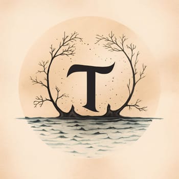 Graphic alphabet letters: Letter T in a circle with trees and lake. Vector illustration.