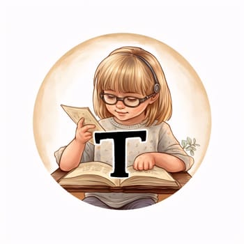 Graphic alphabet letters: Little girl in glasses reading a book. Vector illustration on white background.