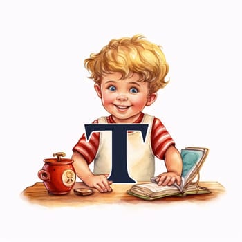 Graphic alphabet letters: Illustration of a little boy with a book and a letter T
