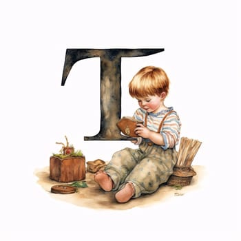 Graphic alphabet letters: Little boy playing with letter T. Watercolor illustration. Isolated on white background.