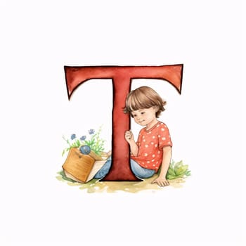 Graphic alphabet letters: Cute little boy with letter T, isolated on a white background