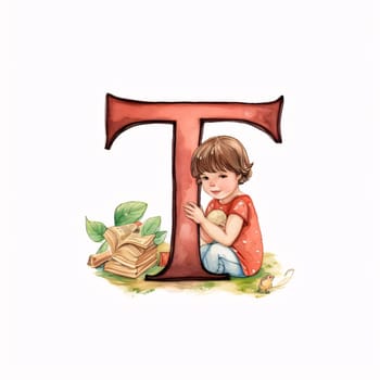 Graphic alphabet letters: Alphabet letter T with little boy sitting on the floor and reading book illustration