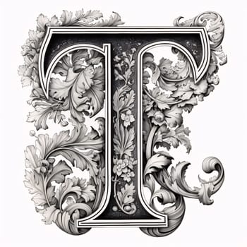 Graphic alphabet letters: Luxury capital letter T in Victorian style with floral ornament.
