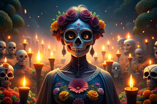 Sugar skull woman on day of the dead among the skulls and candlelights. El Dia De Muertas. Ai generated illustration