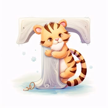 Graphic alphabet letters: cute tiger on the letter T - isolated illustration on white background