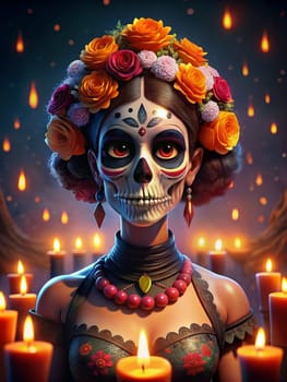 Sugar skull woman on day of the dead among the candlelights. El Dia De Muertas. Ai generated illustration