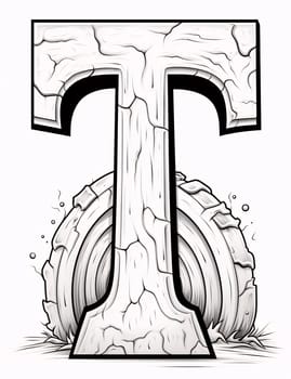 Graphic alphabet letters: Stump Letter T - Black and White Vector Illustration for Coloring Book