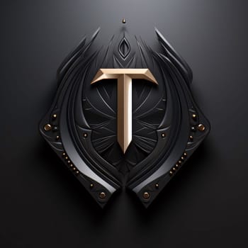 Graphic alphabet letters: 3d render of golden letter T on black background. 3d illustration.