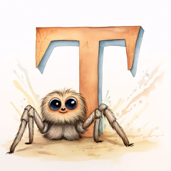 Graphic alphabet letters: cartoon spider with letter T on white background - illustration for children