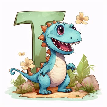 Graphic alphabet letters: Font design for letter T with cute dinosaur on white background illustration.