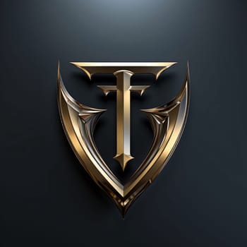 Graphic alphabet letters: Golden shield with letter T on a dark background. 3d rendering