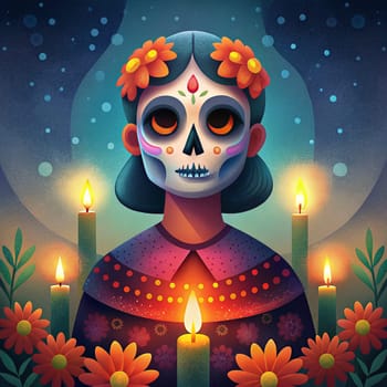 Sugar skull woman on day of the dead among the skulls and candlelights. Square illustration. El Dia De Muertas. Ai generated illustration