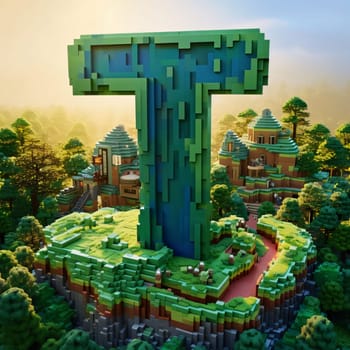 Graphic alphabet letters: 3d render of building blocks with letter T in the middle of the forest