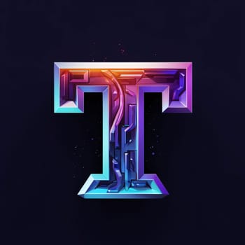 Graphic alphabet letters: Neon light letter T uppercase. 3D rendering.