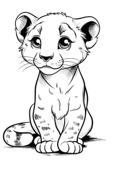 A monochromatic illustration of a Felidae organism, specifically a lion cub, seated with its head held high, showcasing its hair, eye, arm, leg, jaw, and sleek carnivore physique