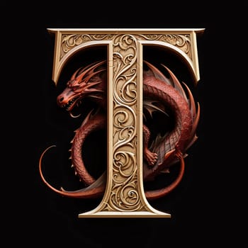 Graphic alphabet letters: Golden letter T with a dragon on a black background. 3d rendering