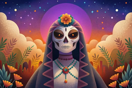 Sugar skull woman on day of the dead. El Dia De Muertas. Ai generated illustration