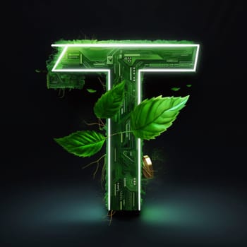 Graphic alphabet letters: Futuristic green eco letter T isolated on black background. 3d rendering