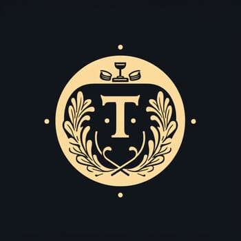 Graphic alphabet letters: Luxury letter T in a laurel wreath on a black background