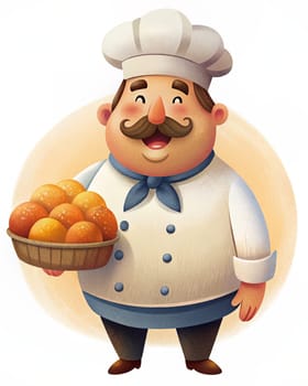 Smiling Chef cartoon character holding a basket of buns. Ai generated illustration