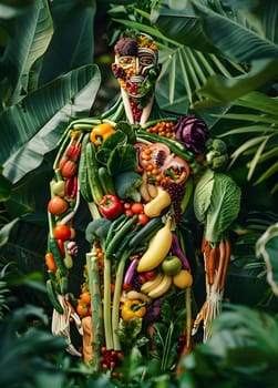 A fictional character made of plantbased foods stands among the terrestrial plants in a jungle. This imaginative illustration combines art with natural elements