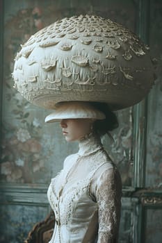 The woman in the white dress is wearing a mushroomshaped hat as a fashion accessory. The headgear resembles a fungus, adding a touch of history and darkness to her outfit