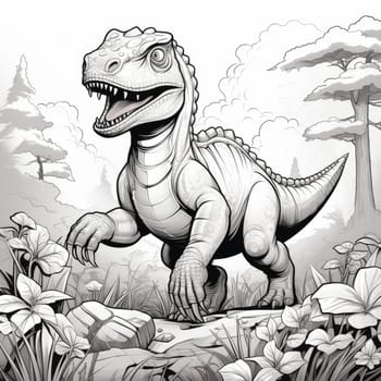 Coloring page, dinosaur in forest, no colors. Jurassic Predator coloring book for children