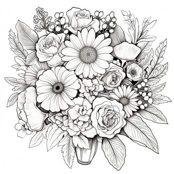 Intricate Floral Bouquet Line Art Illustration. Coloring page flowers, herbs and twigs, botanical sketch