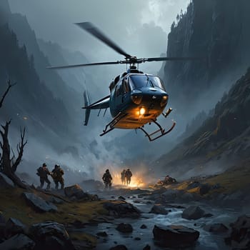 illustration Destroyed city ، Jet and helicopter air warfare. High quality photo