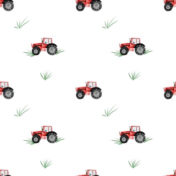 Tractor watercolor seamless pattern. Drawing of a red toy car on a white background. Illustration of an agricultural machine. For children's textiles, bed linen, diapers, diapers for boys