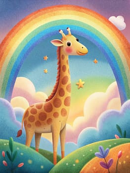 Cute cartoon trendy designed little giraffe with a rainbow and clouds. African animal wildlife Ai generated illustration.