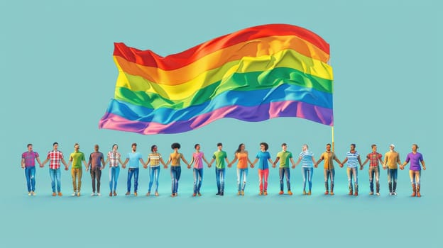 An illustration of a diverse group of people holding hands and forming a circle, with a large rainbow flag waving above them, against a light blue background, representing pride and community.