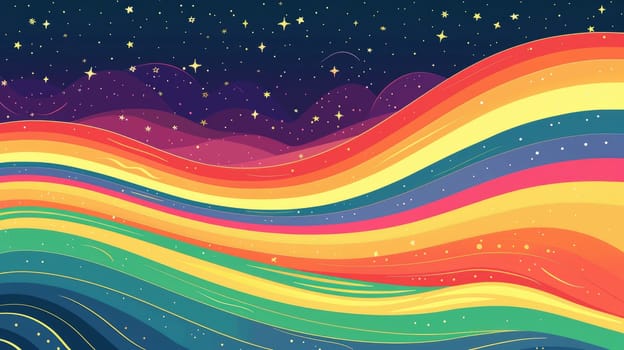 A poster with a bold, illustrated rainbow wave flowing across the bottom half, with the top half featuring a serene sky and subtle stars, creating a peaceful and celebratory pride background.