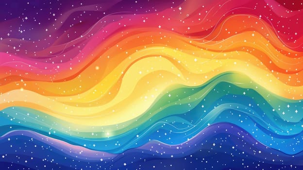 A poster with a bold, illustrated rainbow wave flowing across the bottom half, with the top half featuring a serene sky and subtle stars, creating a peaceful and celebratory pride background.