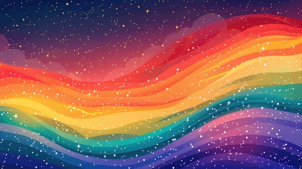 A poster with a bold, illustrated rainbow wave flowing across the bottom half, with the top half featuring a serene sky and subtle stars, creating a peaceful and celebratory pride background.