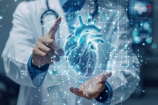 A doctor is holding a heart in his hand and pointing to it. The heart is surrounded by a network of lines, which gives the impression of a computer-generated image