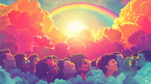 A colorful poster featuring an illustration of a rainbow arching across a sky filled with diverse, smiling faces, set against a pastel background, symbolizing pride and unity.