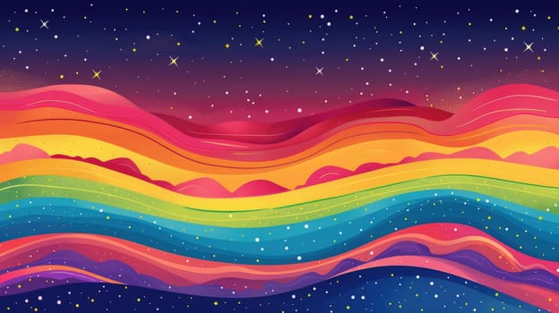 A poster with a bold, illustrated rainbow wave flowing across the bottom half, with the top half featuring a serene sky and subtle stars, creating a peaceful and celebratory pride background.