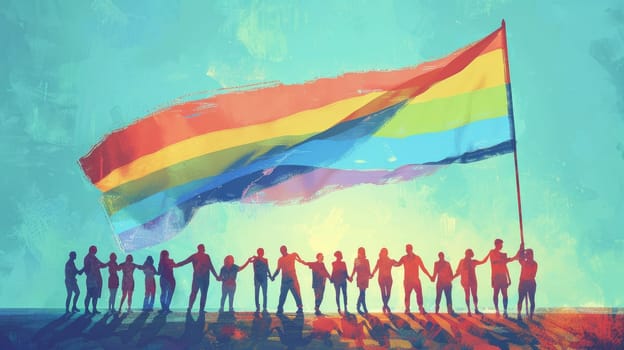 An illustration of a diverse group of people holding hands and forming a circle, with a large rainbow flag waving above them, against a light blue background, representing pride and community.