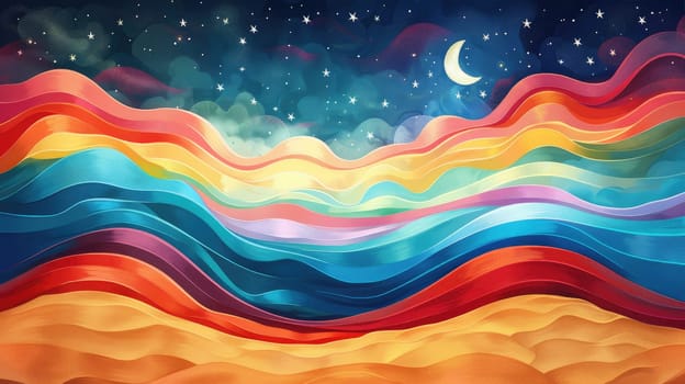 A poster with a bold, illustrated rainbow wave flowing across the bottom half, with the top half featuring a serene sky and subtle stars, creating a peaceful and celebratory pride background.