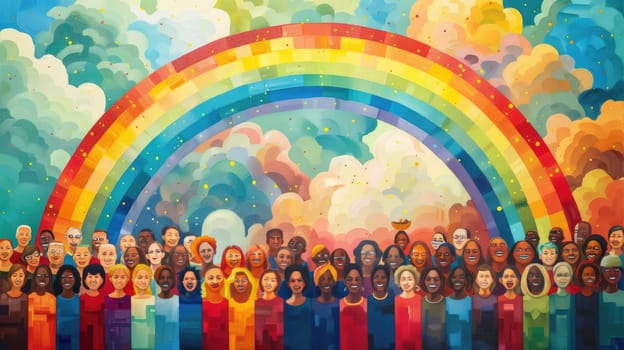 A colorful poster featuring an illustration of a rainbow arching across a sky filled with diverse, smiling faces, set against a pastel background, symbolizing pride and unity.