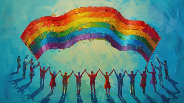 An illustration of a diverse group of people holding hands and forming a circle, with a large rainbow flag waving above them, against a light blue background, representing pride and community.