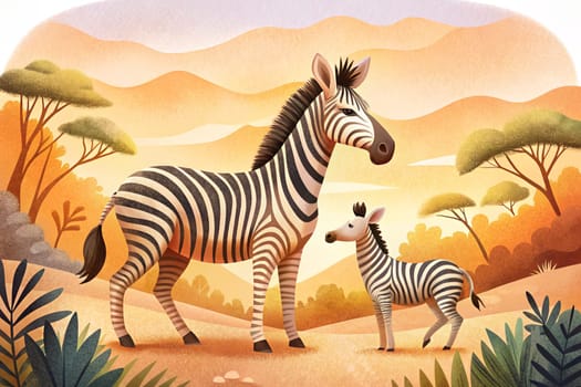 Cartoon African zebra with her cub in Savannah. Ai generated illustration